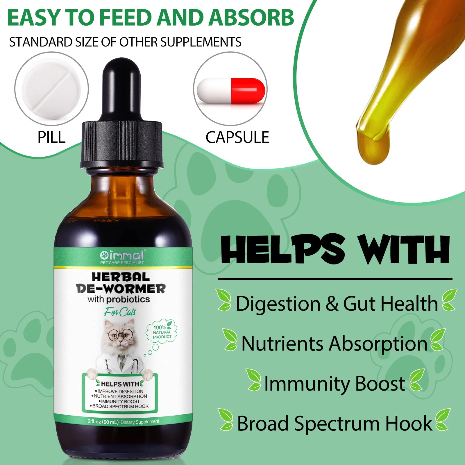 Cats Natural Broad Spectrum Treatment in Liquid Form for Tapeworm Whipworm Roundworm Hookworm Prevention Medication Supplements