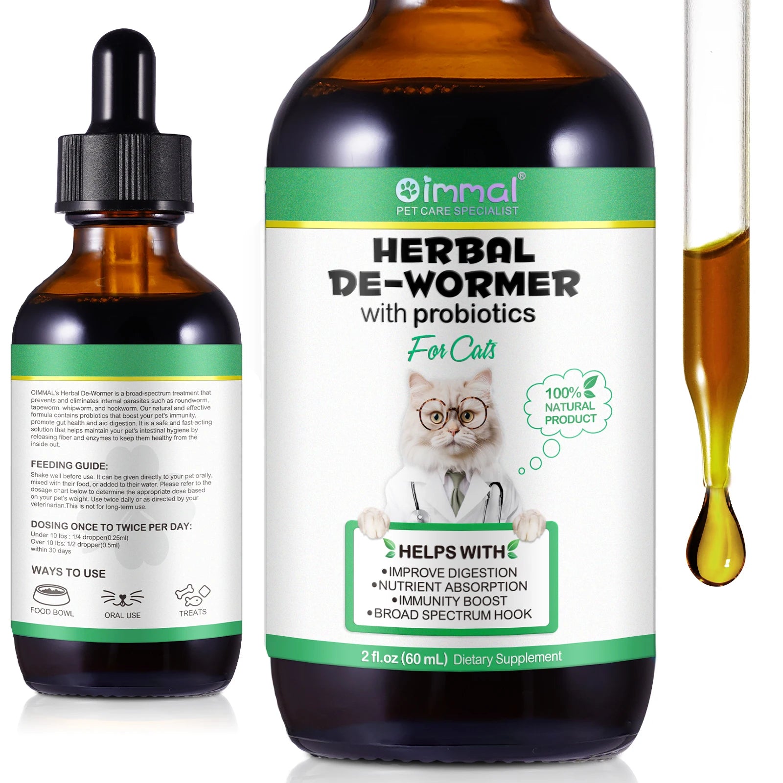 Cats Natural Broad Spectrum Treatment in Liquid Form for Tapeworm Whipworm Roundworm Hookworm Prevention Medication Supplements
