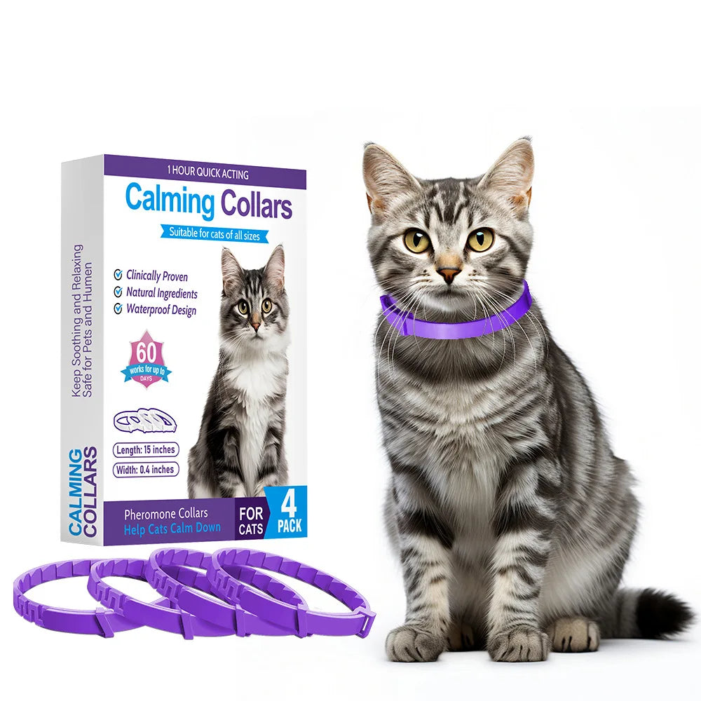 Cat Anxiety Relief Collar - 4 Pack Natural Calming Agent Odorant To Relieve Stress and Aggressive Behavior Adjustable Tightness