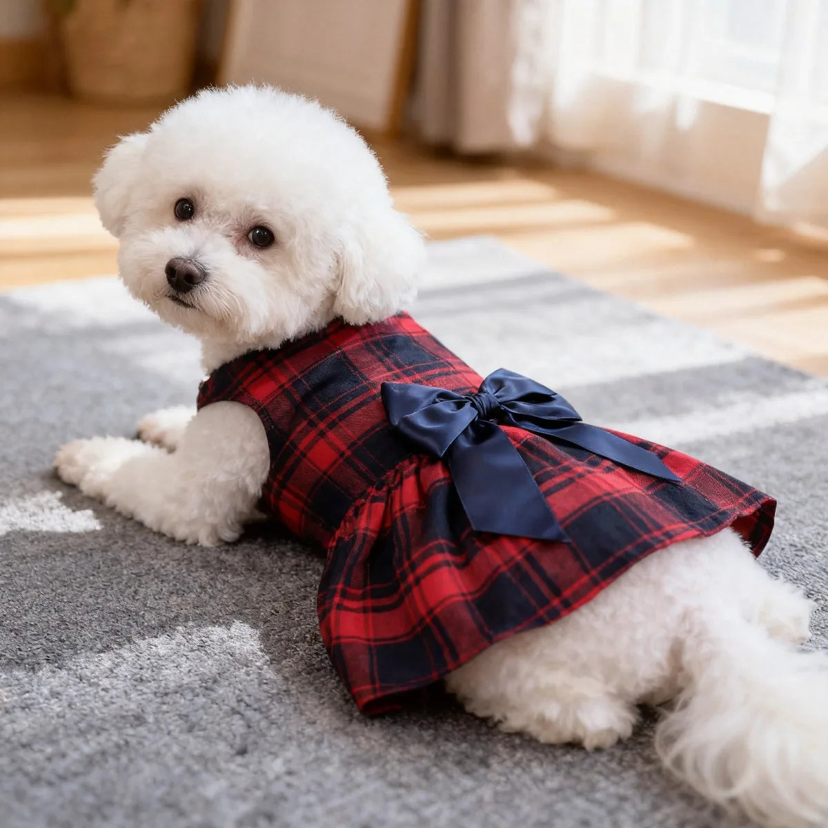 Cat and Dog Clothing, Large Plaid British Style Double-layer Bow Dress Suitable for Wearing Dog Clothing All Year Round, Pet Dog