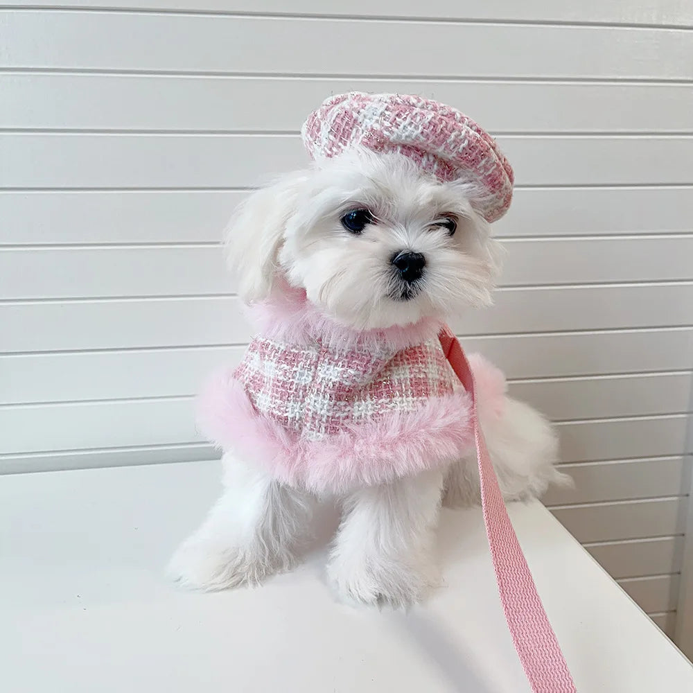 Ins Pet Plaid Woolen Dogs Coat Cloak Pet Supplies  Princess Dog Clothes  Dog Harnesses With Rope For Small Dog