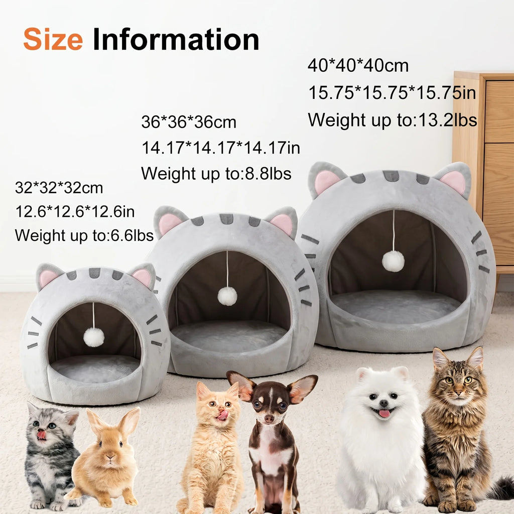 Classic Cat Cave Bed - Polyester Pet House w/ Thermal Canopy & Plush Pillow, Cozy Tent for Indoor Cats, Washable, Gift-Ready