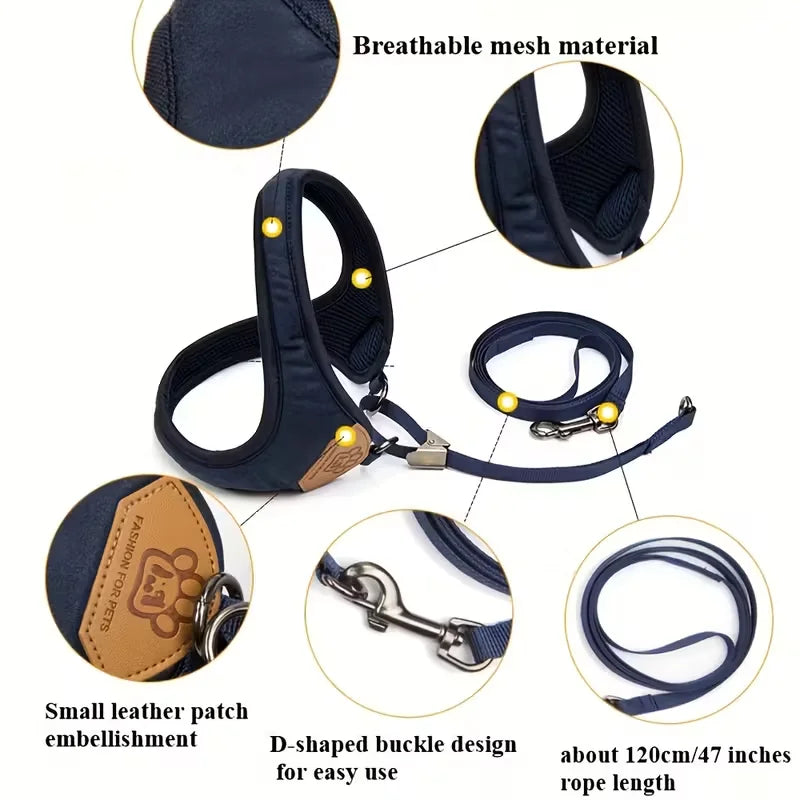 Pet dog walking harness and leash, suitable for puppies, small to medium dogs, ideal choice for training, travel, and daily wear