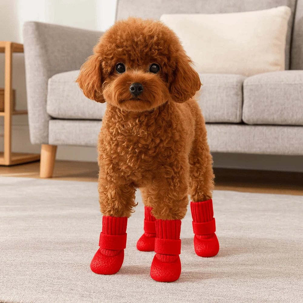 4pcs/set Fashion Adjustable Non-Slip Dog Shoes Wear-Resistant Comfortable Waterproof Dog Boots Breathable Pet Shoes Socks Winter
