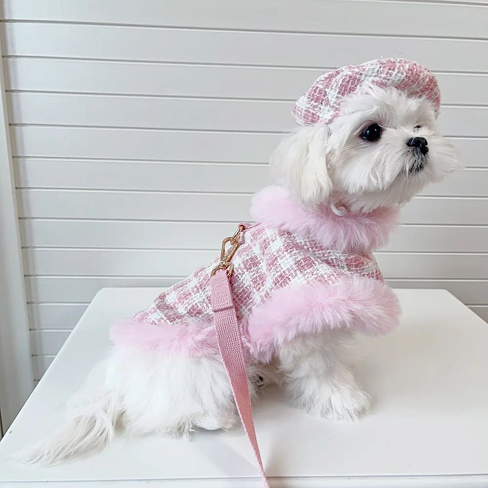 Ins Pet Plaid Woolen Dogs Coat Cloak Pet Supplies  Princess Dog Clothes  Dog Harnesses With Rope For Small Dog
