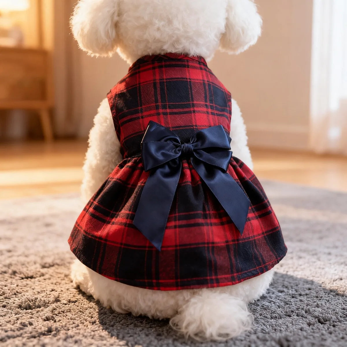 Cat and Dog Clothing, Large Plaid British Style Double-layer Bow Dress Suitable for Wearing Dog Clothing All Year Round, Pet Dog