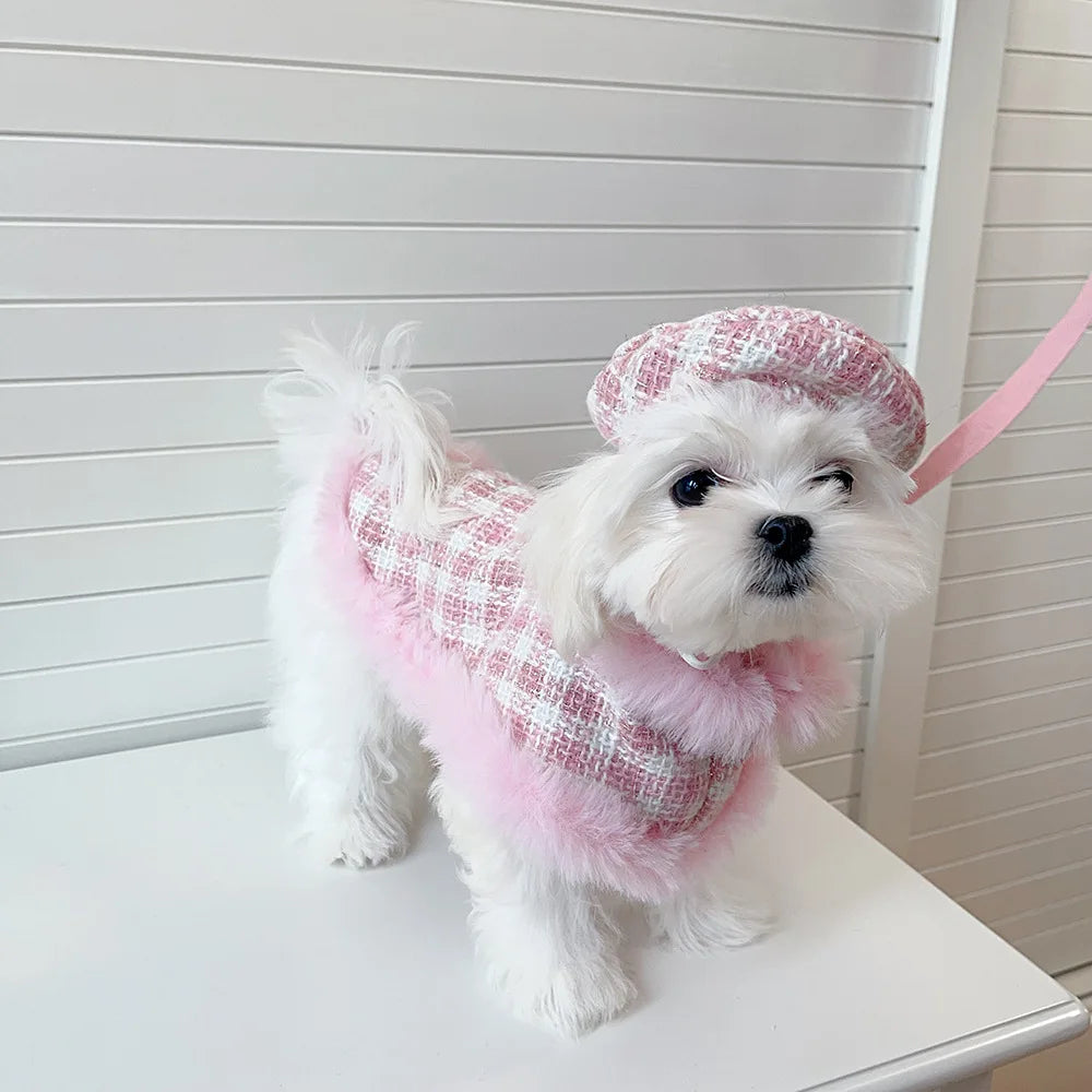 Ins Pet Plaid Woolen Dogs Coat Cloak Pet Supplies  Princess Dog Clothes  Dog Harnesses With Rope For Small Dog