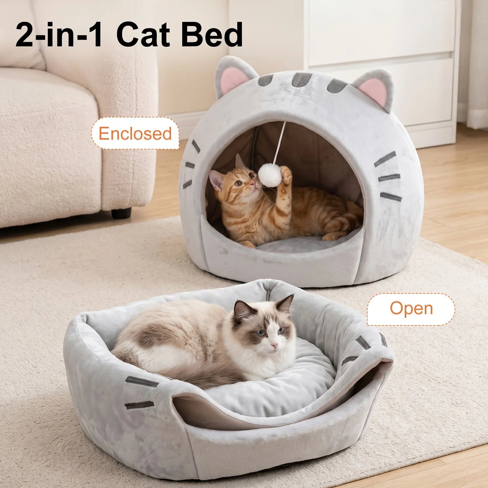 Classic Cat Cave Bed - Polyester Pet House w/ Thermal Canopy & Plush Pillow, Cozy Tent for Indoor Cats, Washable, Gift-Ready