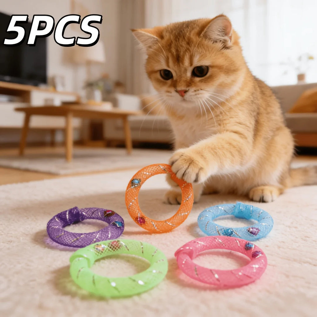 5pc colors Cat Toys-Soft Mesh Tube Self-Play Donuts for Cats,Bell-Sounding Self-Entertainment Boredom-Relief Chew and Tease Toys