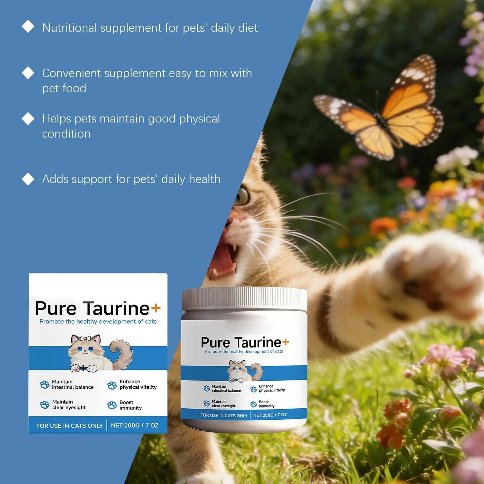 Cat Taurine Powder Support for Pet Heart Health Promote Maintain Visual Function Smooth Hair Pet Daily Care Nutrition Powder