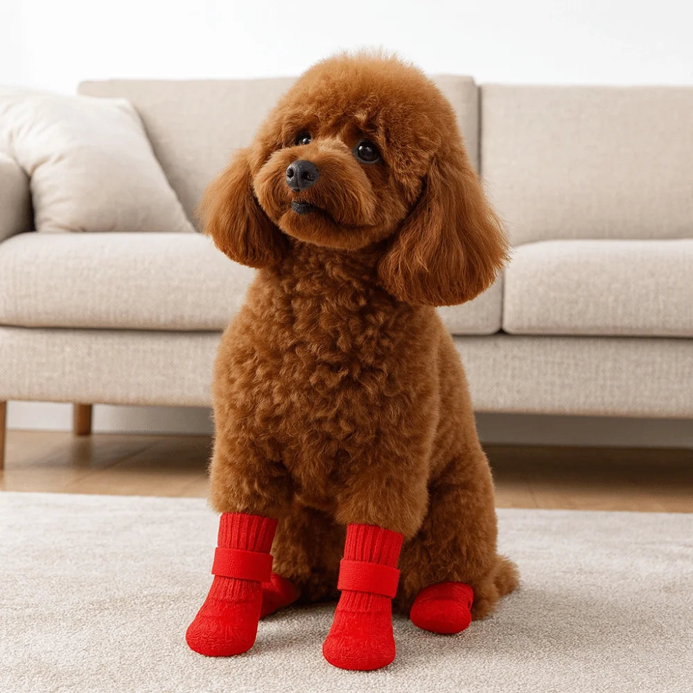 4pcs/set Adjustable Non-Slip Dog Shoes Breathable Comfortable Waterproof Dog Boots Wear-Resistant Pet Shoes Socks Indoor Outdoor