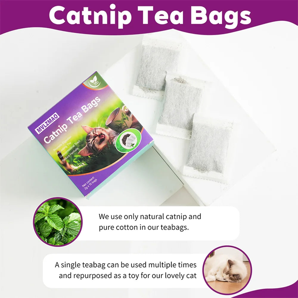 15 Pack Cat Catnip Tea Bags Natural Catnips Packets for Cat or Toy Soaking Water Replacement Pouch Cat Grass Promote Active Play