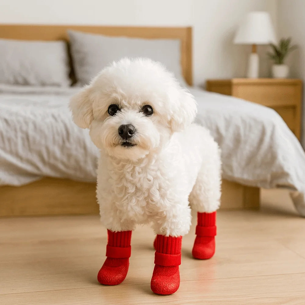 4pcs/set Fashion Adjustable Non-Slip Dog Shoes Wear-Resistant Comfortable Waterproof Dog Boots Breathable Pet Shoes Socks Winter