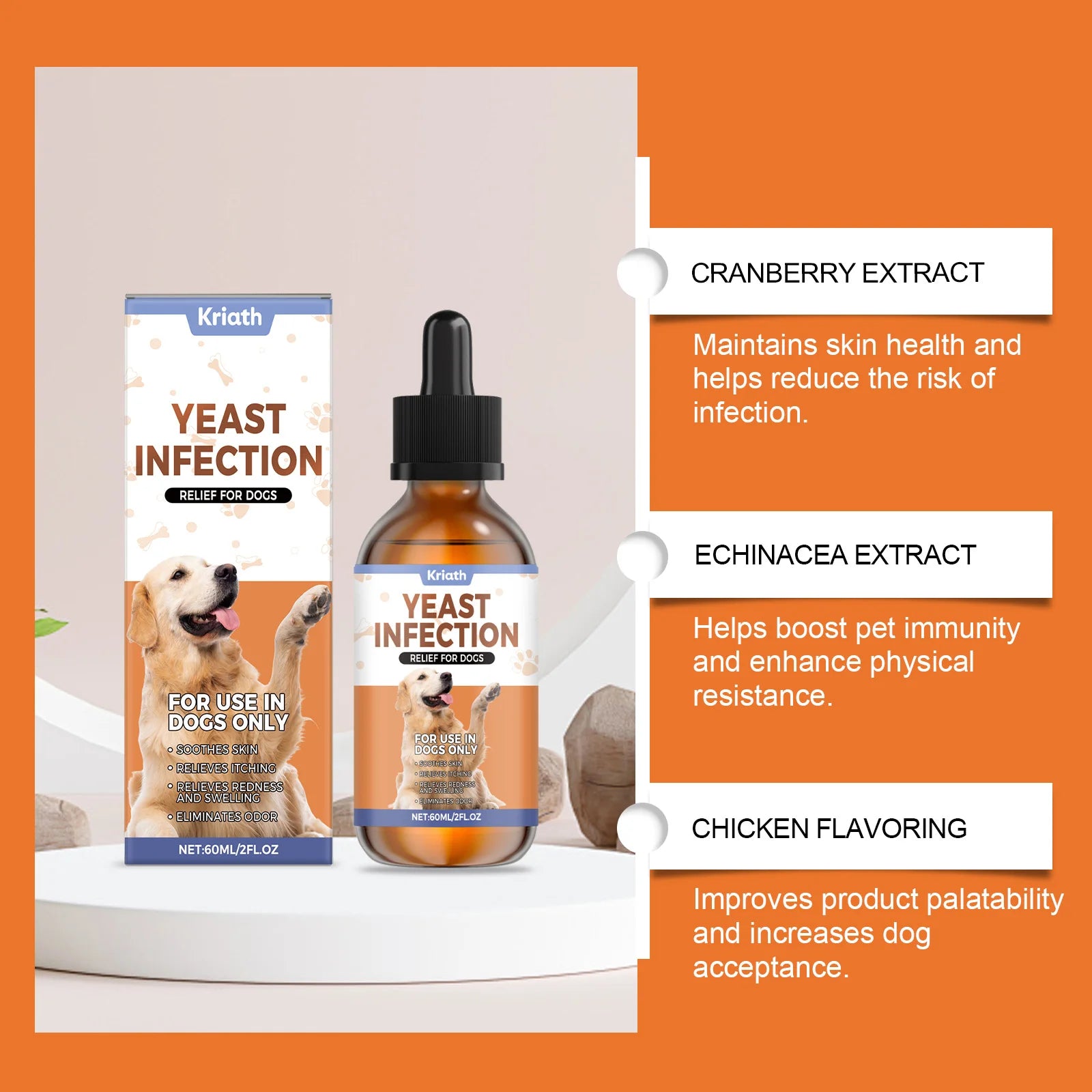 Dog Herbal Drops for Skin & Coat Health – Yeast Infection Relief, Itching & Redness Soother, Immune Support Supplement 60ml