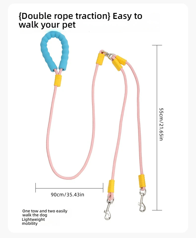 Dog traction, one tow, two explosion-proof dual head dog walking rope, contrasting color cloud foam handle, P rope, pet supplies