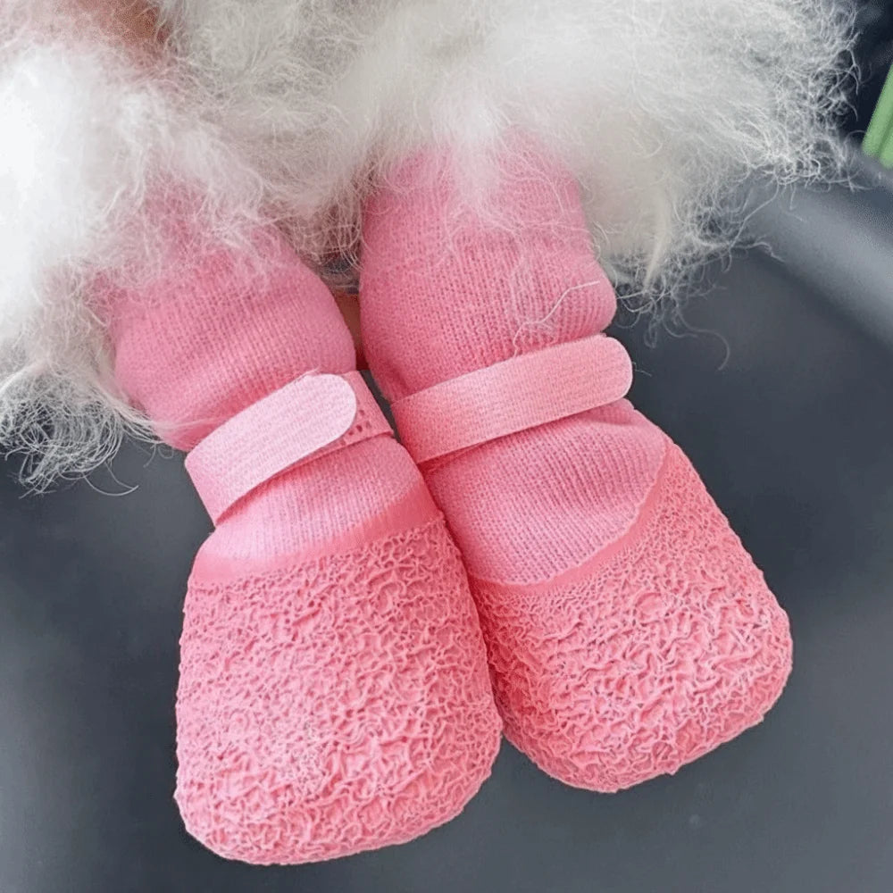 4pcs/set Fashion Adjustable Non-Slip Dog Shoes Wear-Resistant Comfortable Waterproof Dog Boots Breathable Pet Shoes Socks Winter