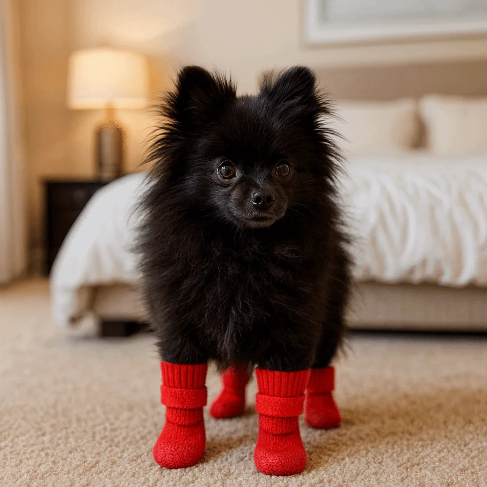4pcs/set Fashion Adjustable Non-Slip Dog Shoes Wear-Resistant Comfortable Waterproof Dog Boots Breathable Pet Shoes Socks Winter