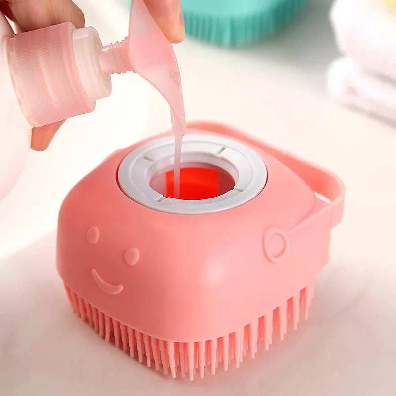 Pet Grooming Bath Massage Brush With Soap And Shampoo Dispenser, Soft Silicone Bristle For Long Short Haired Dogs Cats Shower