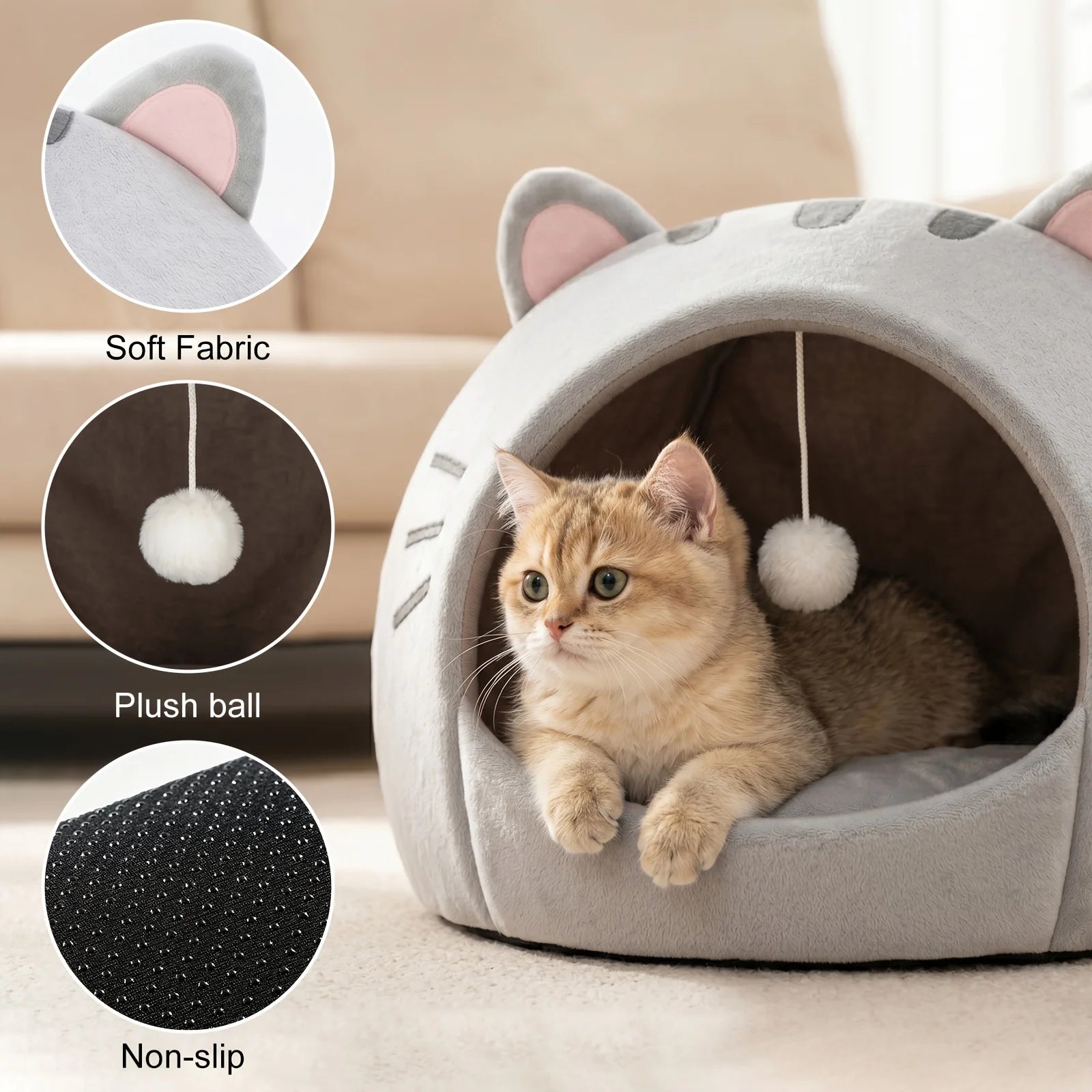 Classic Cat Cave Bed - Polyester Pet House w/ Thermal Canopy & Plush Pillow, Cozy Tent for Indoor Cats, Washable, Gift-Ready