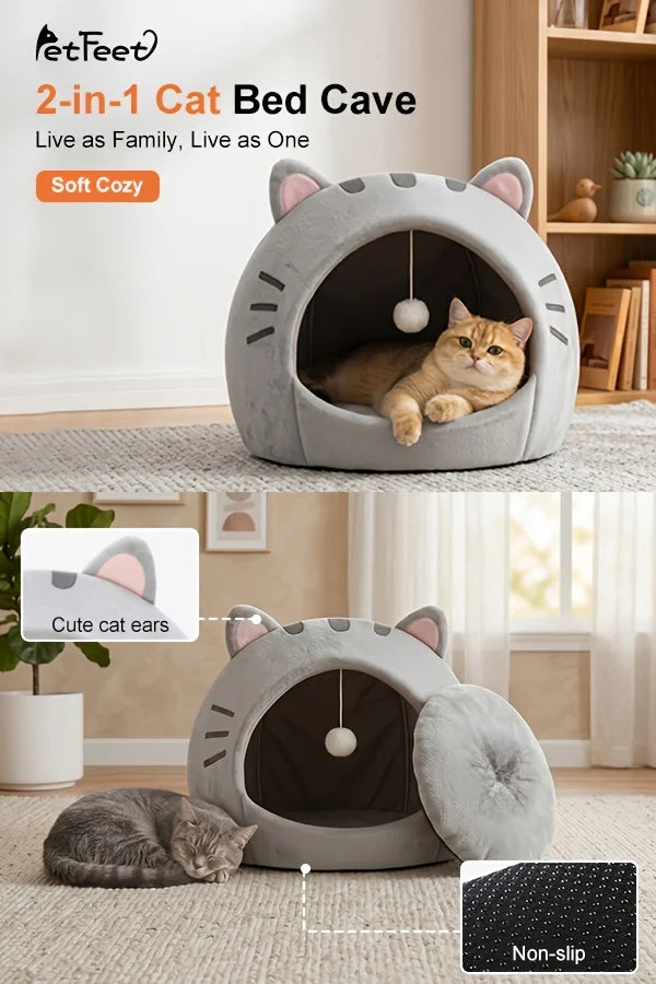 Classic Cat Cave Bed - Polyester Pet House w/ Thermal Canopy & Plush Pillow, Cozy Tent for Indoor Cats, Washable, Gift-Ready