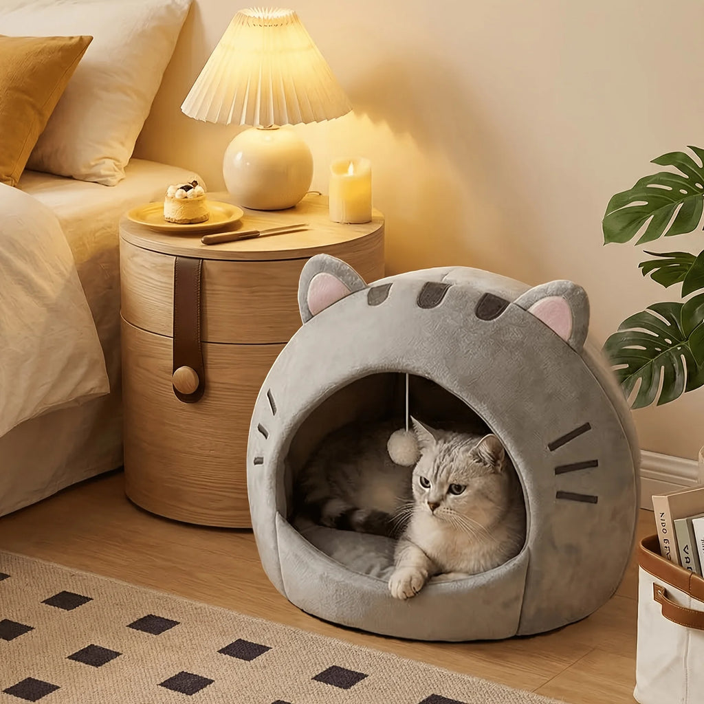 Classic Cat Cave Bed - Polyester Pet House w/ Thermal Canopy & Plush Pillow, Cozy Tent for Indoor Cats, Washable, Gift-Ready