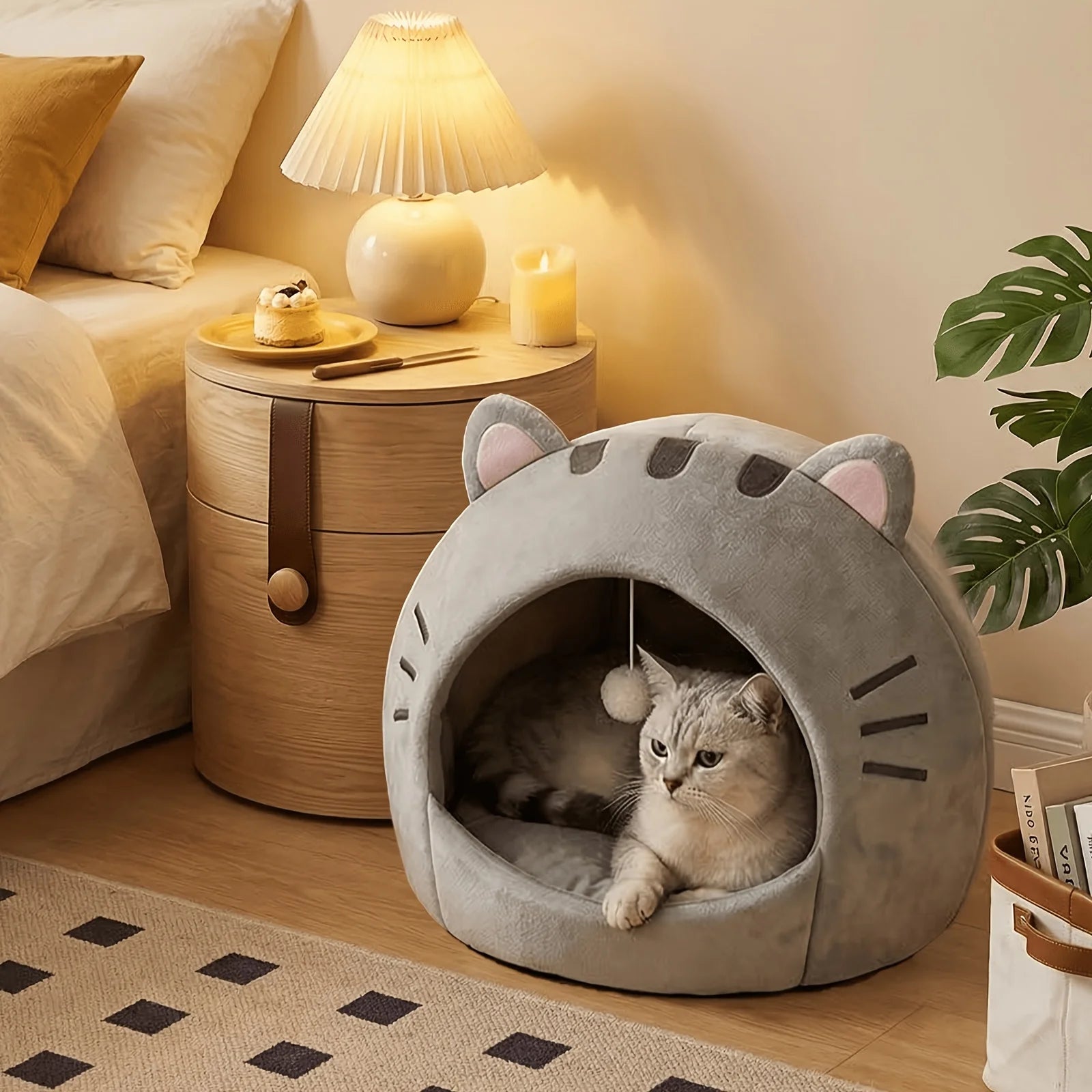 Classic Cat Cave Bed - Polyester Pet House w/ Thermal Canopy & Plush Pillow, Cozy Tent for Indoor Cats, Washable, Gift-Ready