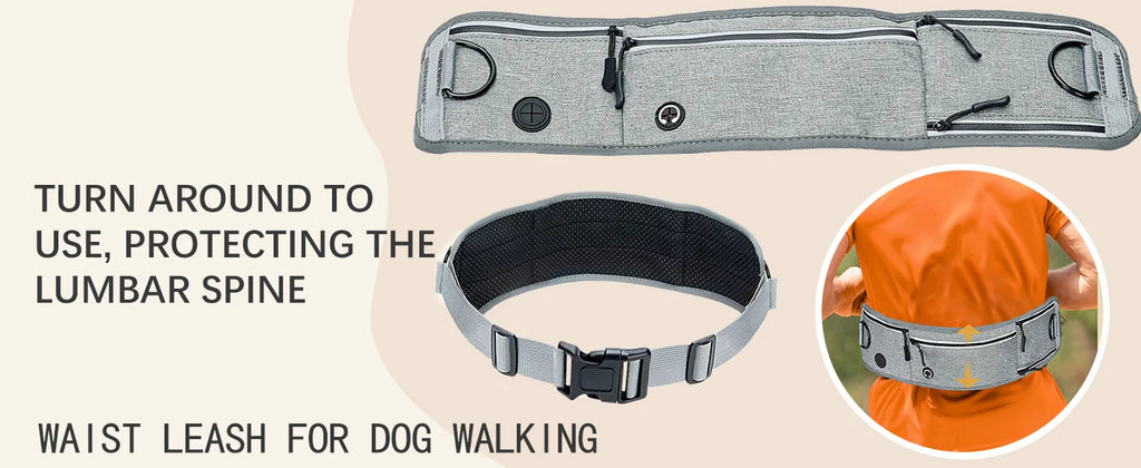 Waist Dog Hands Free Dogs Leash, Waist Running Leash with Zipper, Walking Pouch for Dog Walking, Reflective Dual Padded Handles