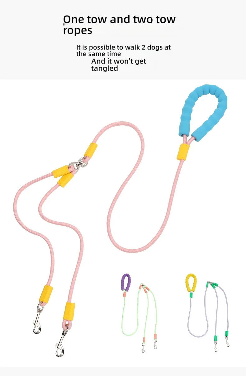 Dog traction, one tow, two explosion-proof dual head dog walking rope, contrasting color cloud foam handle, P rope, pet supplies