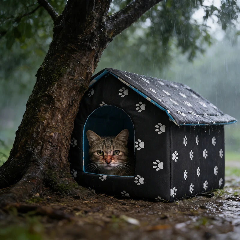 Cat House for Outdoor Winterproof Waterproof and Warm Foldable Pet Shelter for Cats with Removable Cushion for Stray Pets