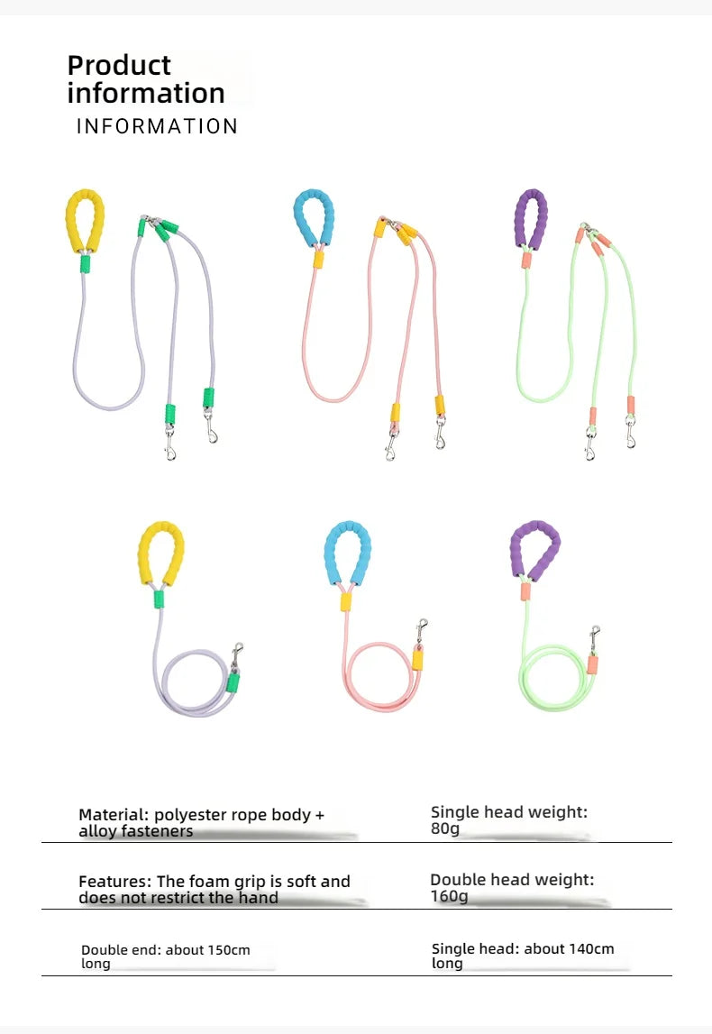 Dog traction, one tow, two explosion-proof dual head dog walking rope, contrasting color cloud foam handle, P rope, pet supplies