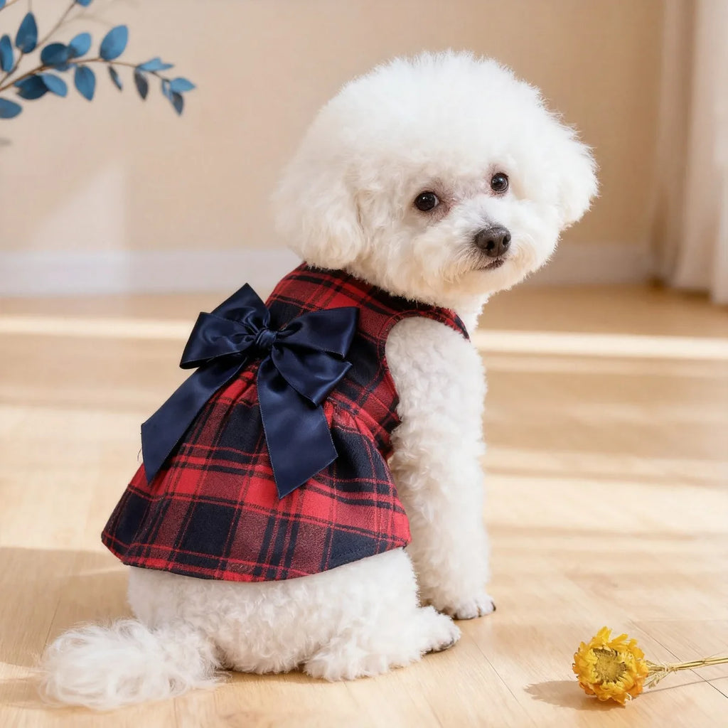 Cat and Dog Clothing, Large Plaid British Style Double-layer Bow Dress Suitable for Wearing Dog Clothing All Year Round, Pet Dog