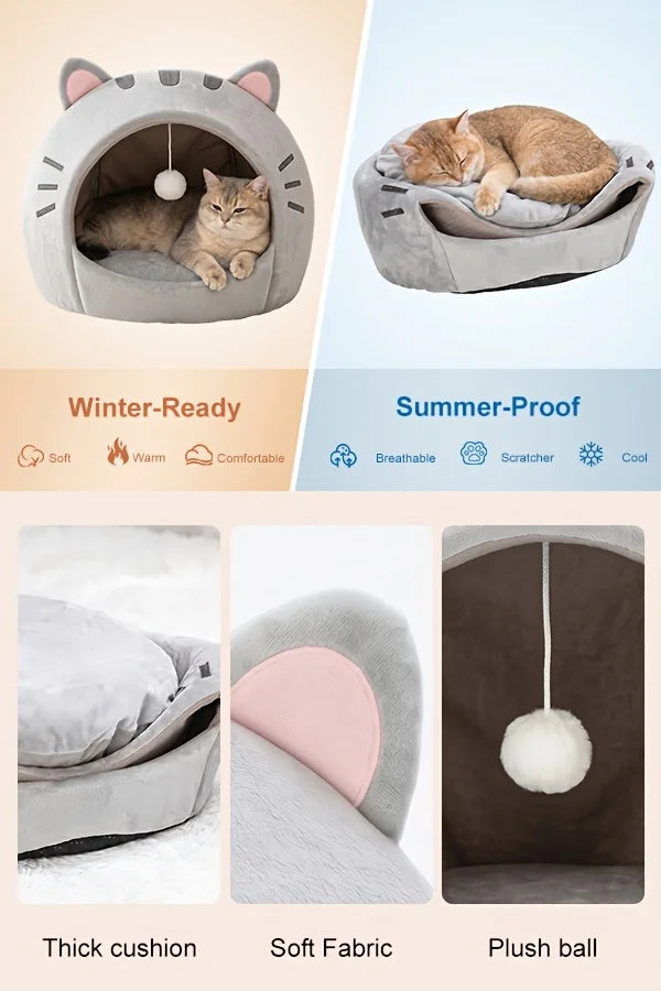 Classic Cat Cave Bed - Polyester Pet House w/ Thermal Canopy & Plush Pillow, Cozy Tent for Indoor Cats, Washable, Gift-Ready