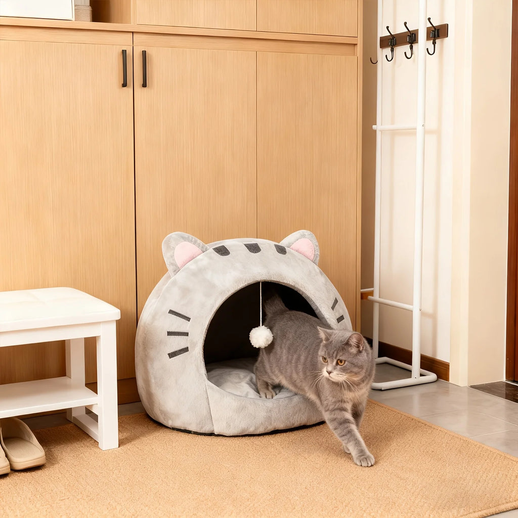 Classic Cat Cave Bed - Polyester Pet House w/ Thermal Canopy & Plush Pillow, Cozy Tent for Indoor Cats, Washable, Gift-Ready
