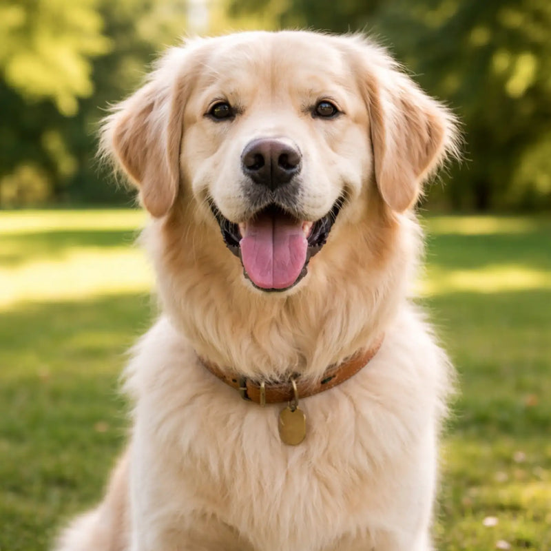 A fluffy golden retriever with a warm, light tan coat and soft, floppy ears sits happily outdoors, wearing a brown leather collar adorned with a simple metal tag.