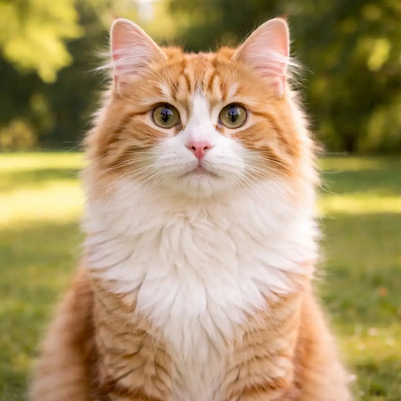 Fluffy orange and white tabby cat with striking green eyes.