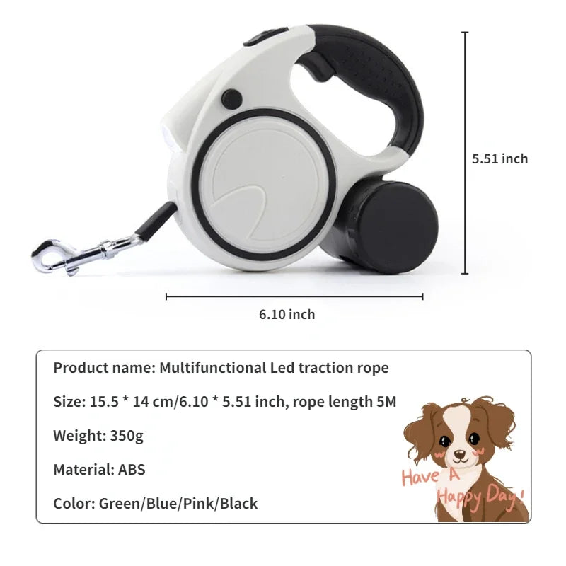 Retractable Dog Leash with LED Poop Bag Dispenser 16 FT Reflective Leash Dog Walking Puppy Durable Tractor