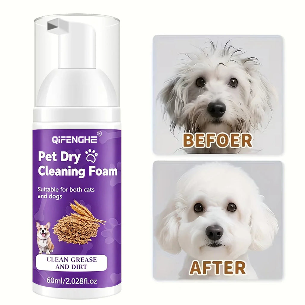 Waterless Pet Dry Shampoo Foam for Dogs & Cats - No Rinse Deodorizing Cleansing Mousse for Puppies & Kittens - 65ml